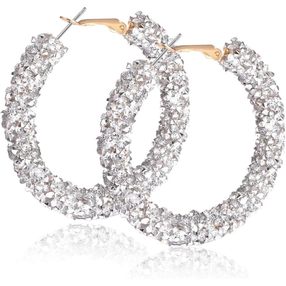 Glitter Hoop Earrings Bohemian Sparkle Resin Rhinestone Wrapped Hoop Dangle Earr - Picture 1 of 6